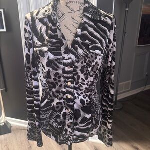 Cach’e Printed Button-Front Women's Shirt - Black & White Animal Mix